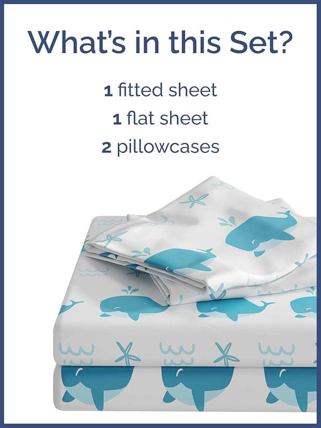 Kids Whales Full 4 Piece Sheet Set - Boys, Girls, Teens, Toddler - Easy Fit Deep Pockets - Breathable, Hotel Quality Bedding Sheets - Machine Washable - Wrinkle Free - Cute, Cozy, Soft - CGK Linens