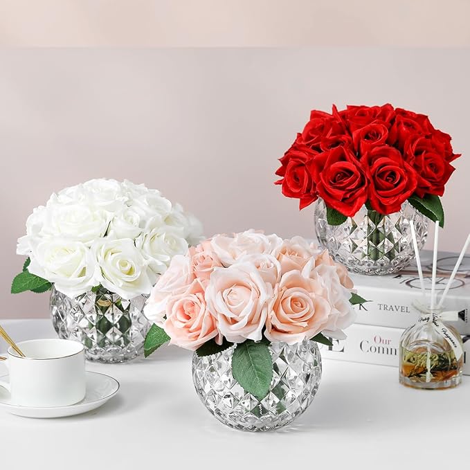 18PCS Artificial Rose Fake Flowers in Vase, Faux Floral Arrangement with Vase for Dining Table Bedroom Wedding Decor (Cream)