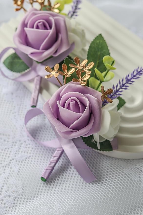6PCS Purple Lavender Boutonniere for Men, Lilac Boutonniere Pins for Men Groomsmen Guest Boutonniere, Artificial Flowers for Wedding Decor Prom Homecoming