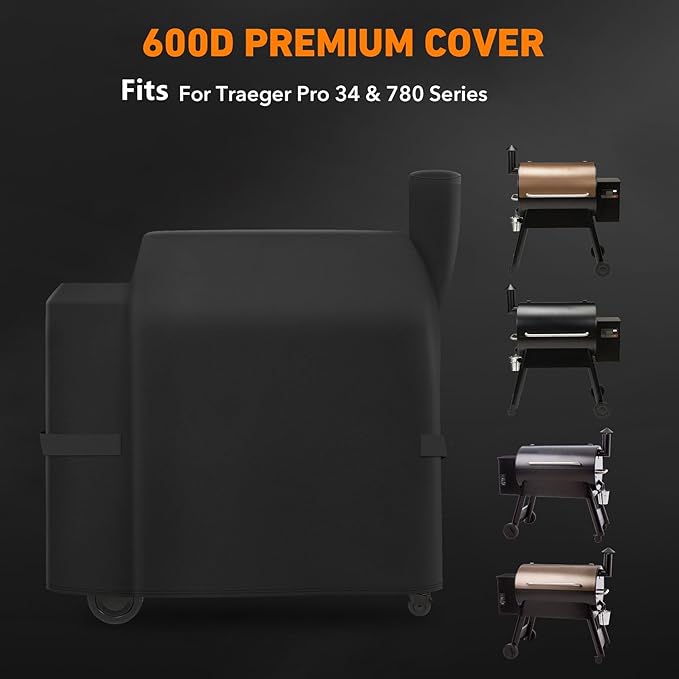 Heavy Duty Waterproof Grill Cover Compatible with Traeger Pro 22 & 575 Series and Traeger Pro 34 & 780 Series Wood Pellet Grill and Smoker, Texas and More, Full Length Barbecue Grill Cover, Black