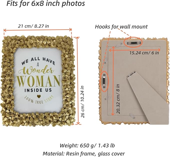 6x8 Antique Gold Picture Frame Vintage Golden Flowers Retro Ornate Photo Frames for Tabletop Display and Wall Mount Horizontal and Vertical(Gold)