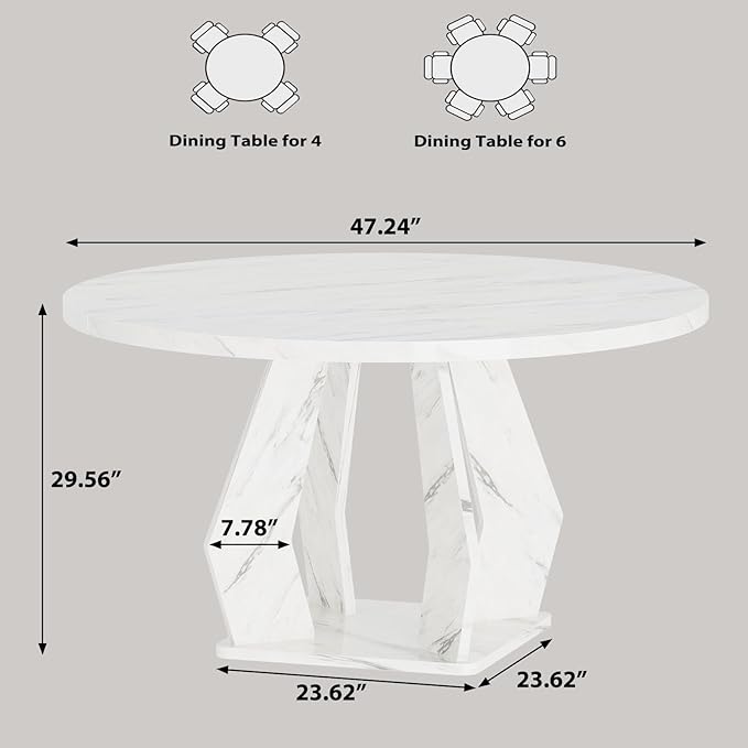 IBF Round Marble Dining Table,Dinner Tables for Kitchen 4-6,47 Inch Modern Pedestal Dining Room Table for Kitchen,Office,Living Room,White Marble