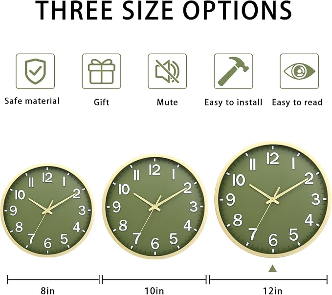 Wall Clocks Battery Operated 12 inch Modern Wall Clock,Silent Non Ticking Wall Clock for Living Room Bedroom Kitchen Office Classroom Decor (Green Gold)