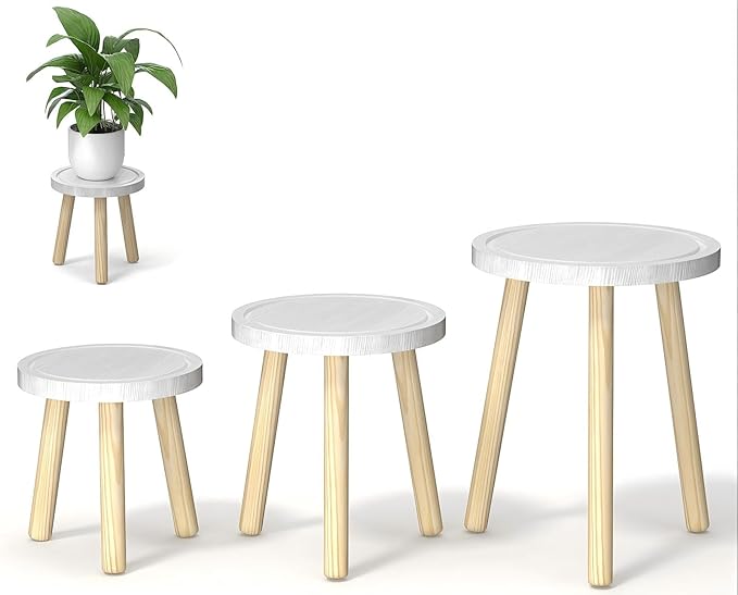 3-Pack Wood Plant Stands Indoor, Single Plant Stand for 6-12 Inch Pots, Mid-Century Modern Plant Stool, Tall Plant Stand for Large Plants for Living Room, Balcony, Office (White)