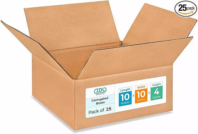 Medium Moving & Shipping Boxes 10"L x 10"W x 4"H (25-Pack) - Extra Strength 200 lb vs Regular - Corrugated Shipping Boxes for USPS/UPS/FEDEX - Box for Packing - Heavy Duty Box by IDL Packaging