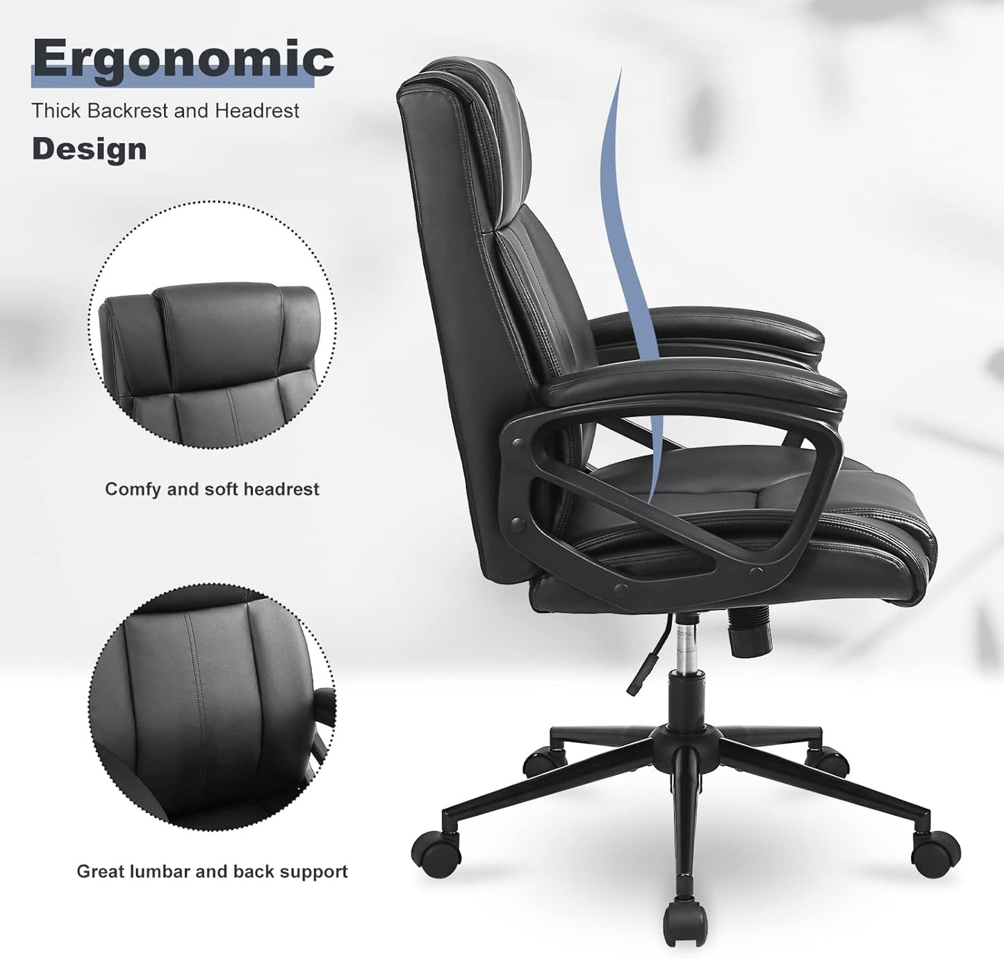 Skiennix Ergonomic Executive Office Chair - Heavy Duty 300lbs Capacity, Mid-Back PU Leather with Lumbar Support - Black