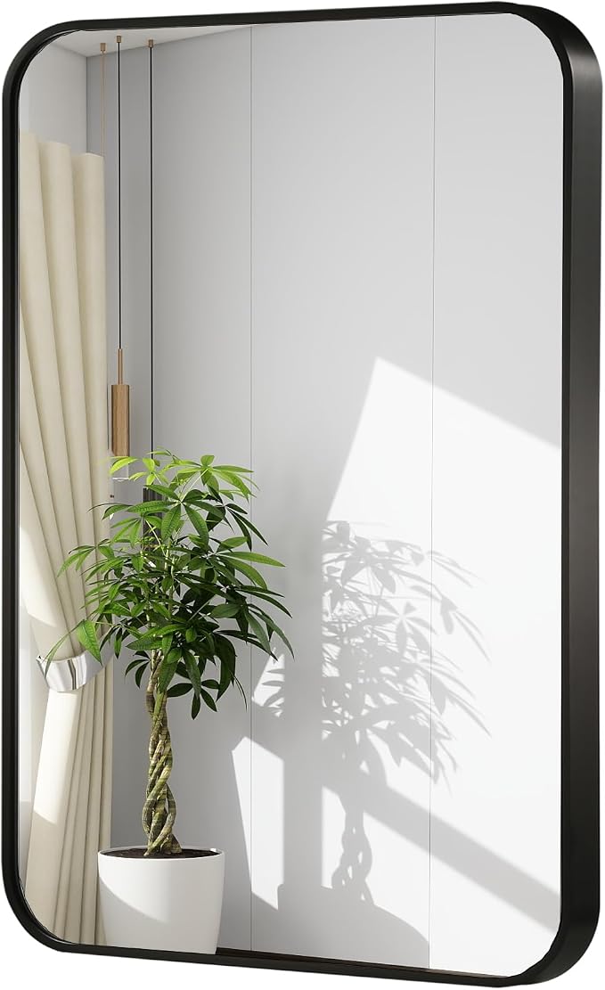 20x30 Inch Black Wall Mirror for Bathroom, Brushed Metal Framed Mirror with Rounded Corner, Rectangle Bathroom Vanity Mirror for Bedroom or Living Room, Horizontal/Vertical