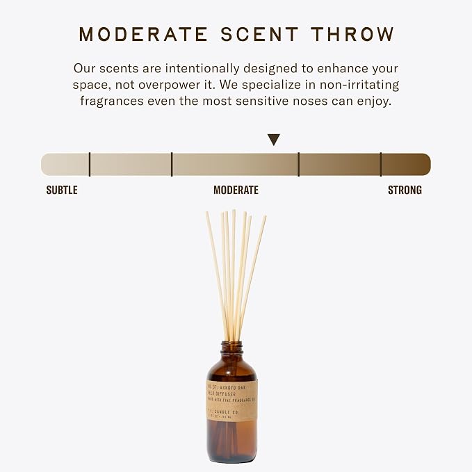 P.F. Candle Co. Arroyo Oak Classic Scented Rattan Reed Diffuser (3.5 fl oz) Amber Glass Jar, Fine Fragrance Oil, Flame-Free Fragrance, Made in The U.S.A.