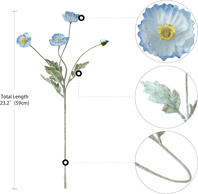6PCS Blue Artificial Poppy Flowers with Stems Faux Poppies Bouquets Silk Spring Floral for Indoor Table Party Arrangement Wedding Ceremony Decor