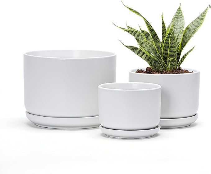 Ton Sin Ceramic Pots for Plants, 4.4+5.4+6.9 Inch Set of 3, Matte White Flower Pot & Plant Pot with Drainage Hole Saucer, Small Indoor Planters for Succulent Cactus, Home Decor Gift
