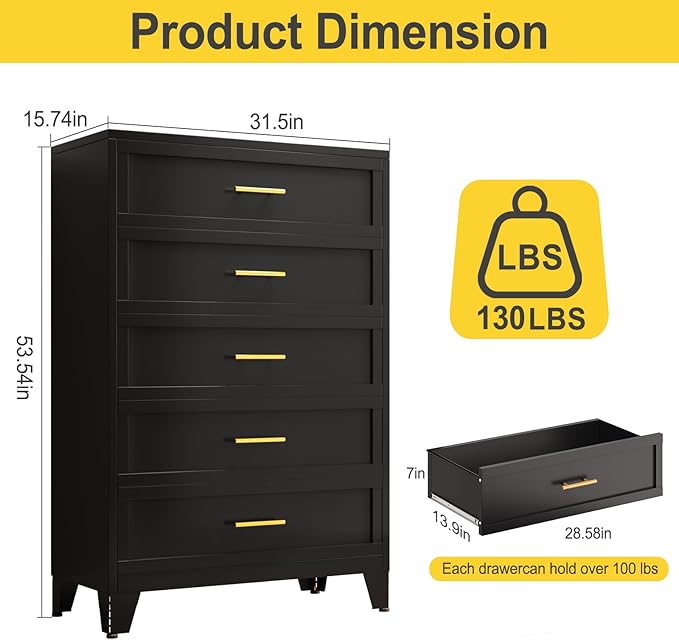 53.54" Tall Metal Dresser for Bedroom, 5 Drawer Black Closet Dressers Chests, Modern Storage Organizer Unit, Large Storage Space Drawer Storage Cabinet for Living Room, Entryway, Hallway