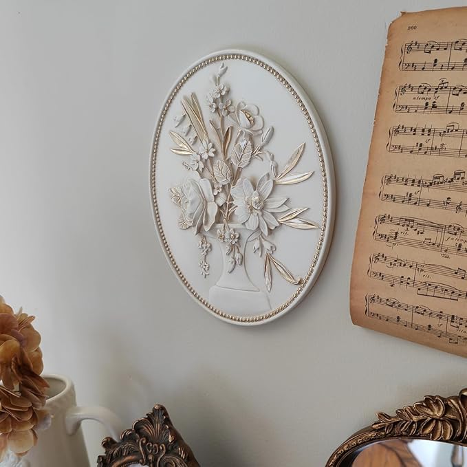 SIKOO Vintage Wall Sculptures White Flower Wall Art Hand Painted Ornate Wall Hanging Decoration Antique Pediment Wall Statue Ornament Decor Gallery for Kitchen Bedroom Living Room