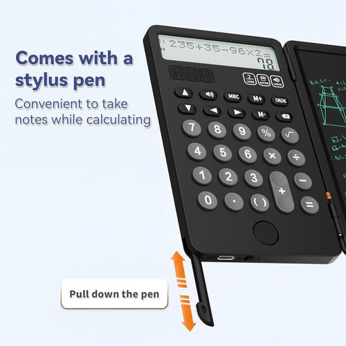 NEWYES Portable Calculator - Rechargeable Solar Power Desk Calculator with Notepad | 2-Line 12-Digit Display (Black)