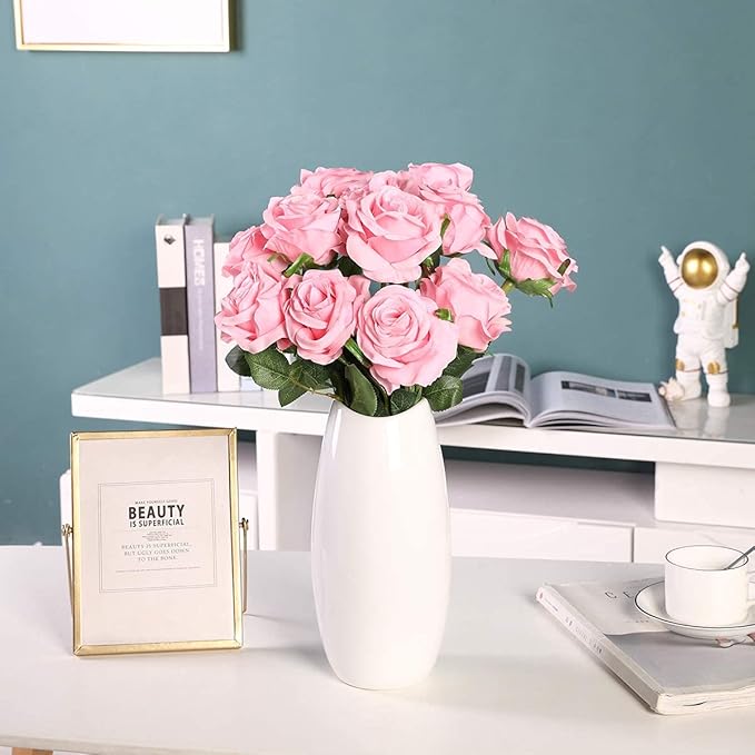 Kisflower 12 Pcs Pink Roses Artificial Flowers with Stems Silk Roses Fake Rose Realistic Flower Bouquet for Wedding Party Office Home Decor (Pink)
