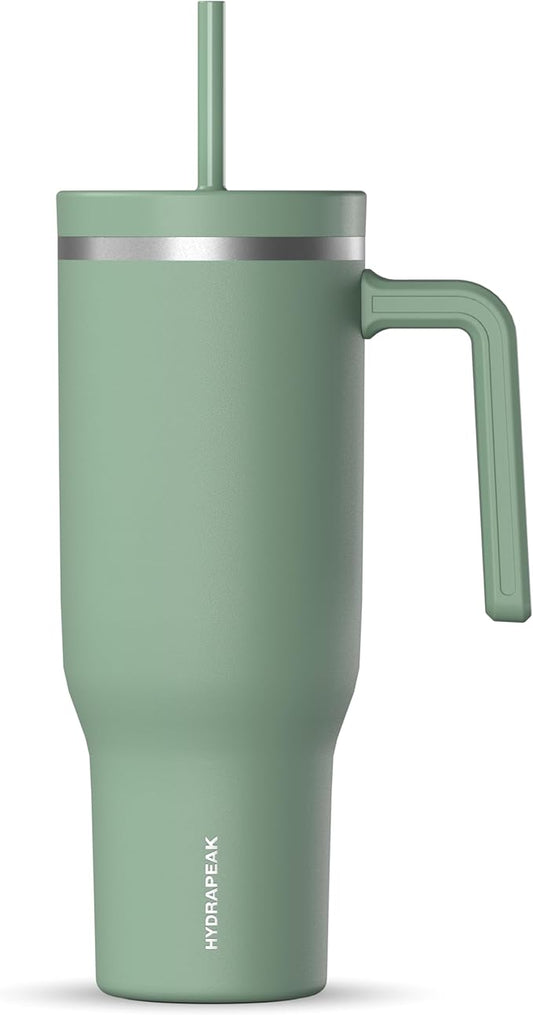 Hydrapeak Voyager 40 Oz Stainless Steel Tumbler with Handle, Insulated Water Bottle With Straw & Lid, Cupholder Friendly Reusable Travel Mug (Sage)