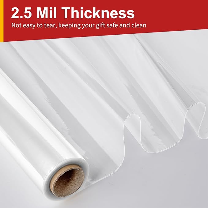 Mauproy 34 In x 100 Ft Clear Cellophane Wrap Roll, Extra Wide, 2.5 Mil Thick Transparent Plastic Gift Wrapping Paper for Gift Baskets, Flower Bouquets, Gifts, Treats (34” Fold into 17”)