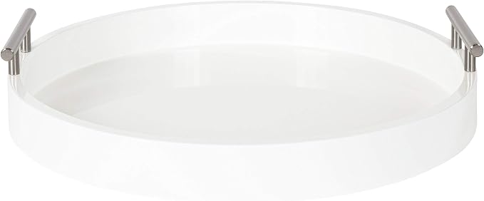 Kate and Laurel Lipton Modern Round Tray, 15.5 inch Diameter, White and Silver, Decorative Accent Tray for Storage and Display