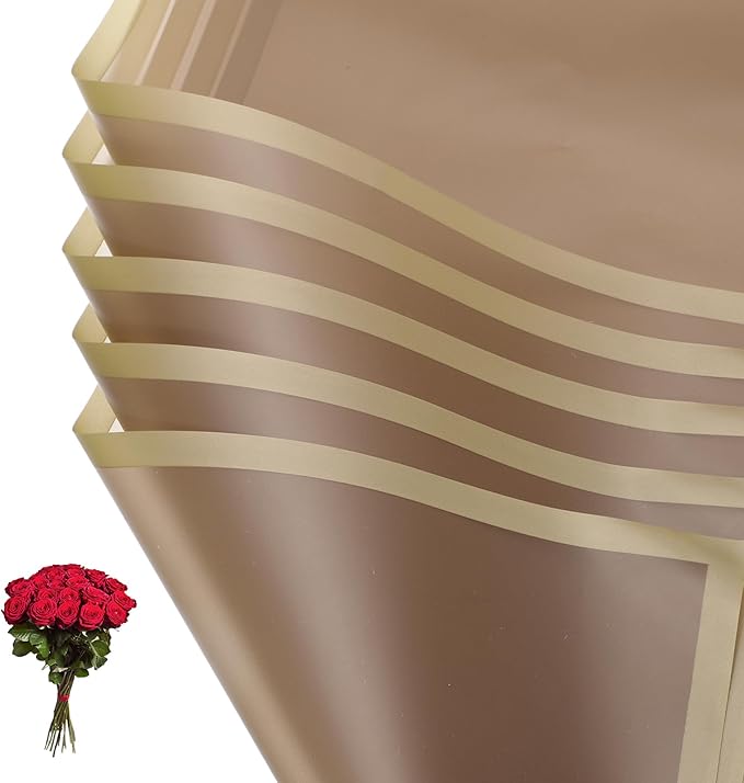 PATIKIL Flower Gift Wrapping Paper, 20 Sheets Gold Edge Waterproof Bouquet Paper Wrap Florist Supplies Packaging Floral Papers for Wedding DIY Craft Valentine Mother's Day, Brown