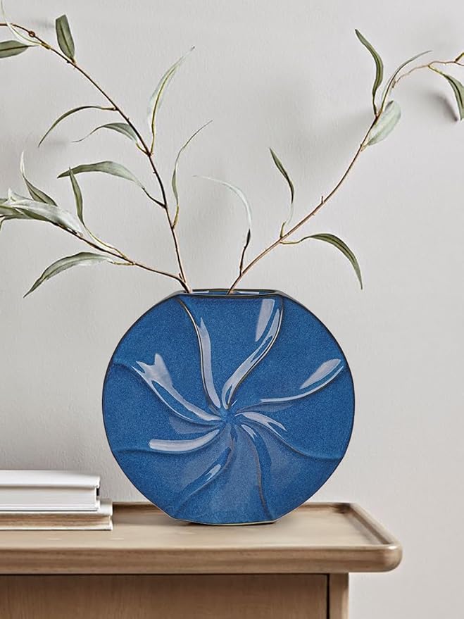 Blue Ceramic Vase for Home Decor – 13" x 11.8" Modern Decorative Vase for Pampas Grass, Artificial Flowers & Dried Bouquets – Elegant Textured Flower Vase for Living Room, Bedroom & Office