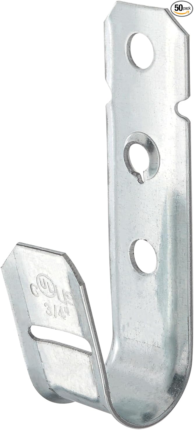 COCODE 50 Pack 3/4’’ J Hooks Cable Hangers Without Retainer Clip Galvanized Steel Wall Mount Heavy Duty Utility Hooks Cable Management for Structured Cabling