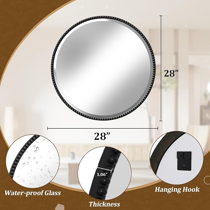 28 Inch Round Bathroom Mirror - Luxurious Retro Beaded Circle Decorative Wall Mirror with PU Frame Hanging Leaning as Art Decor for Entryway, Bedroom, Living Room, Hallway, Black