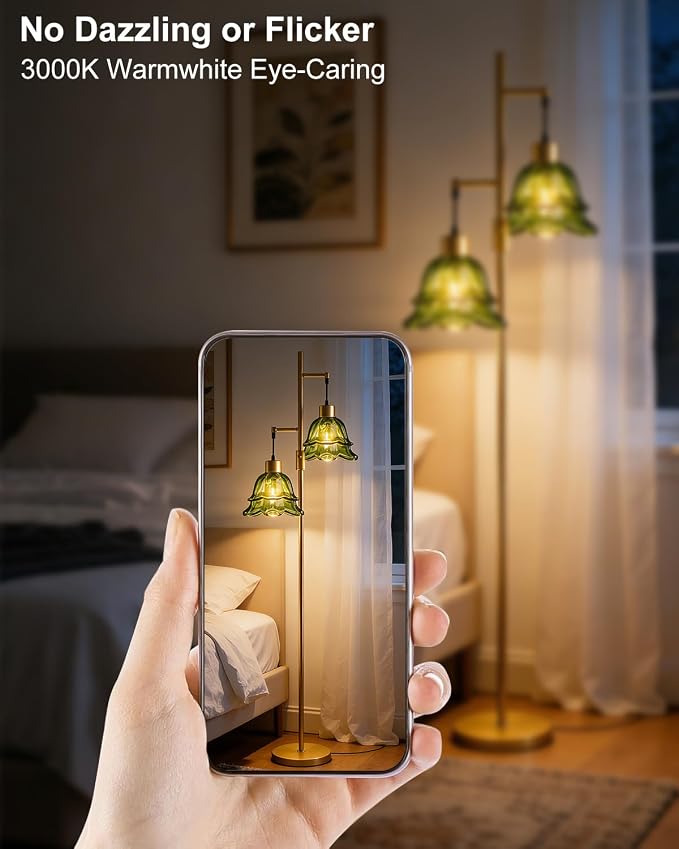 Lightdot 65IN Gold Flower Floor Lamp for Living Room, 2- Light Dimmable Floor Lamps with Green Glass Lampshade, 3000K Warm White Modern Standing Tall Lamp with 5Lbs Heavy Base for Bedroom Sofa Beside