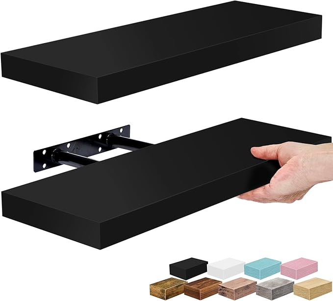 Sorbus Floating Shelves for Wall – 16 Inch Floating Shelf for Kitchen, Bedroom, Living Room, Bathroom, Home & Wall Decor - Mounted Bathroom Shelves with Invisible Brackets (Black, 2 Pack)