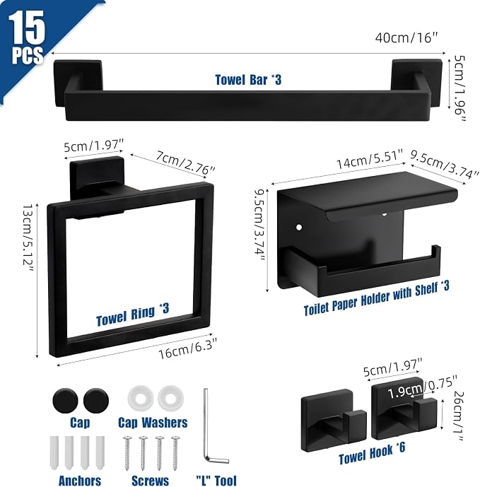 Matte Black Bathroom Hardware Accessories Set, Stainless Steel Towel Racks for Bathroom, 16 Inch Towel Bar, Towel Holders, Updated Toilet Paper Holder with Shelf Wall Mounted(15-Pieces)