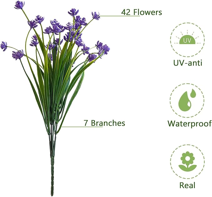 Artificial Flowers Outdoors, 12 Bundles No Fade Fake Flowers UV-Anti Easy to Clean Faux Greenery Plants Faux Plastic Plants Garden for Indoor Outdoor Home Garden Decoration, Purple
