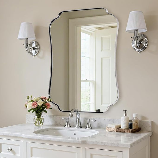 ANDY STAR Chrome Bathroom Mirror, 30x36 Inch Polished Chrome Mirror, Scalloped Bathroom Mirror with Stainless Steel Metal Frame, Rust-Proof Frame Deep 1’’