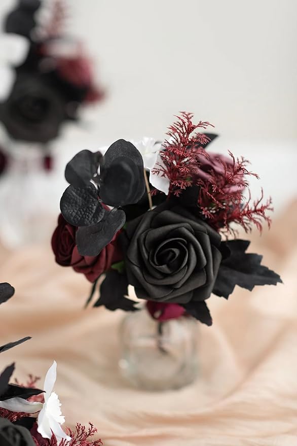 Ling's moment Fake Flowers Box, Faux Artificial Greenery Stems Foam Roses Dahlia Silk Maple Leaf Fabic Flower for Centerpieces Bouquet Wedding Vase Floral Decorations, Burgundy & Black, Mini Combo