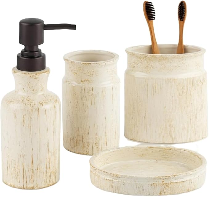 Creative Scents Rustic Luxe Bathroom Accessory Set Complete - 4 Piece Beige Bathroom Soap Dispenser Set has: Lotion Dispenser, Toothbrush Holder, Tumbler & Soap Dish; Modern Farmhouse Bathroom Decor