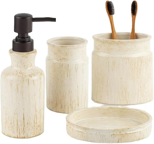 Creative Scents Rustic Luxe Bathroom Accessory Set Complete - 4 Piece Beige Bathroom Soap Dispenser Set has: Lotion Dispenser, Toothbrush Holder, Tumbler & Soap Dish; Modern Farmhouse Bathroom Decor