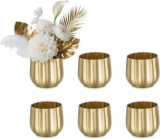Gold Vases Compote Centerpiece Planter: 4" Ribbed Metal Vase Small Compote Bowl Planter Pot with Drainage Hole for Wedding Table Centerpiece Indoor Plants Set of 6