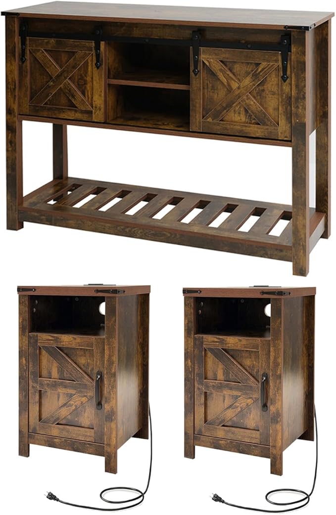 Farmhouse Living Room Table Set of 3, 2 Rustic End Table with Charging Station and 1 Sofa Table with Large Hidden Storage, Farmhouse Sofa Table Set for Living Room, Office, Brown