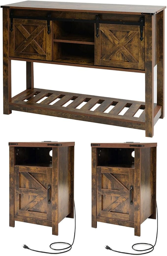 Farmhouse Living Room Table Set of 3, 2 Rustic End Table with Charging Station and 1 Sofa Table with Large Hidden Storage, Farmhouse Sofa Table Set for Living Room, Office, Brown