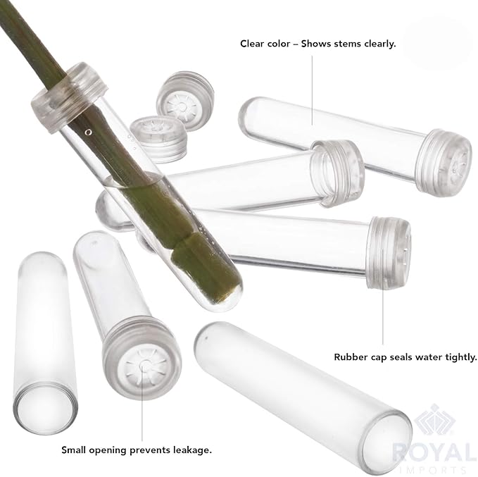 Royal Imports Floral Water Tubes with Caps – 3" Clear Plastic Flower Vials for Single Stem Roses, Buds, Bouquets – Standard Style, 1/2" Opening – 25 Pack