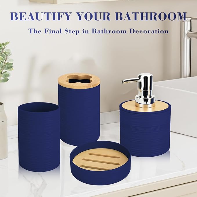 4 PCS Navy Blue Bathroom Accessories Set, Includes a Soap Dispenser, Toothbrush Holder, Soap Dish and Mouthwash Cup, Plastics & Bamboo Bathroom Set, Bohemian Style Bathroom Sink Set
