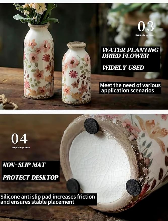 Vintage Rose-Floral Small Ceramic Vase Set, Retro Rustic Farmhouse Cute Flora Vase Gift, Art Décor for Your Home, Kitchen, Bedroom, Office, Living Room, Bathroom & Shelf Centerpiece Table Decorations