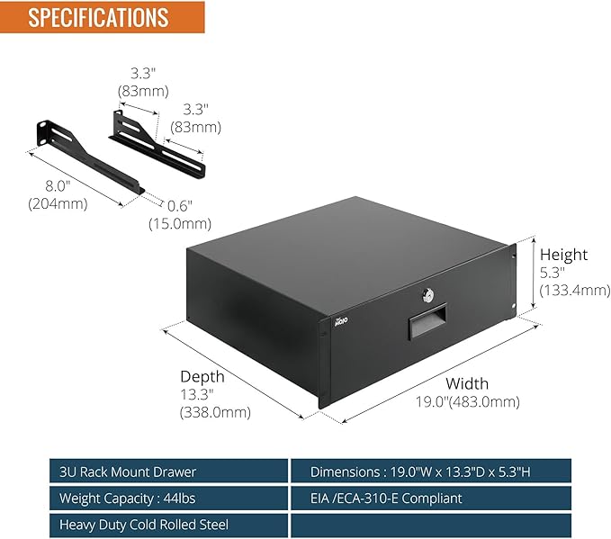 Tecmojo 3U Rack Drawer,Rack Mount Drawer for 19in Network Equipment/Server/AV Rack or Cabinet Enclosure,Sliding and Lockable Server Rack Drawer - Load-Bearing 44lb (20kg),with Cable Management Holes