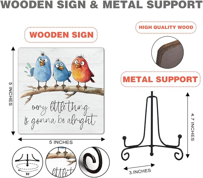 Funny Adorable Birds Wooden Desk Sign Gift, Every Little Thing Is Gonna Be Alright Positive Quotes Wooden Plaque Decor Uplifting Table Gifts, 5x5 Inches -K29