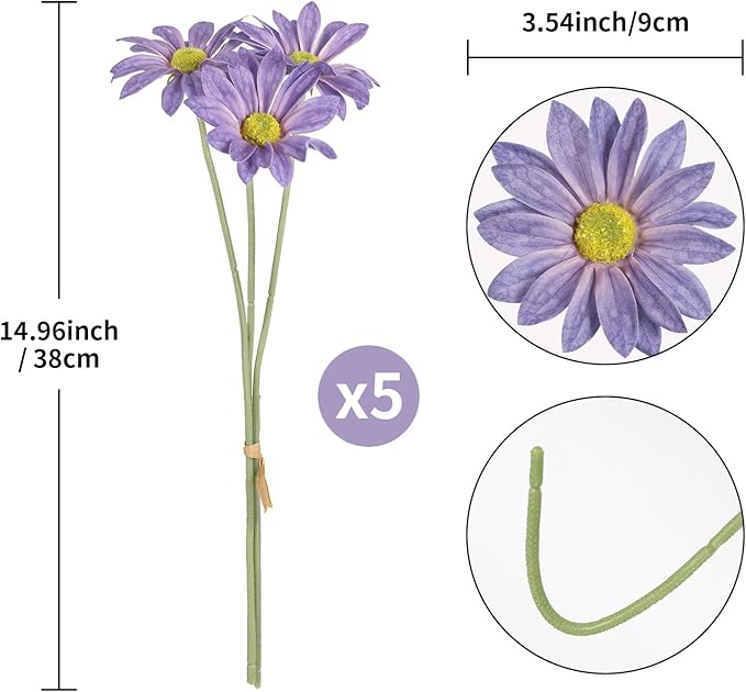 IPOPU 15pcs Daisies Artificial Flowers Faux Purple Daisies Flowers 12" Fake Wildflowers Flower Silk Flowers for Floral Arrangements Wedding Home Garden Decor (Purple)