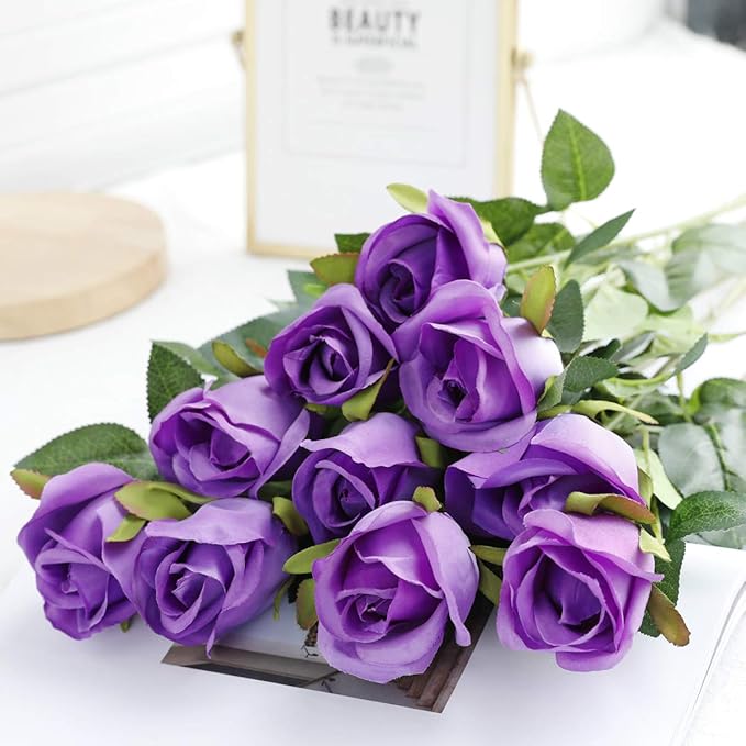 Veryhome Artificial Flowers Silk Roses Fake Bridal Wedding Bouquet for Home Garden Party Floral Decor 10 Pcs (Purple Straight stem)