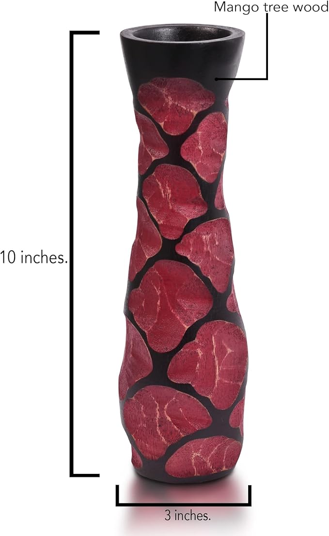 Beautifully Carved 10-Inch Red & Black Mango Tree Wood Vase | Handcrafted Decorative Wooden Flower Vase | Elegant Home Decor Accent