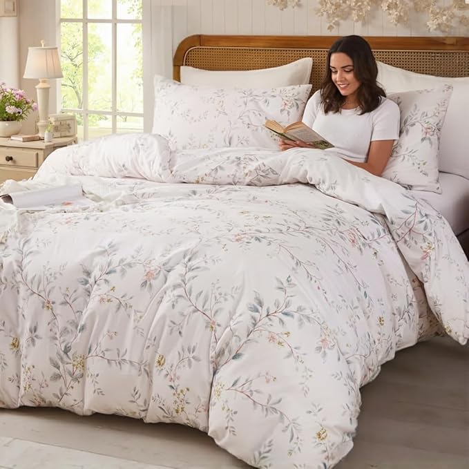 Duvet Cover Set King Size 3-PC Chic Garden Floral Ultra Soft 100% Long Staple Cotton Comforter Cover, Reversible Breathable Duvet Cover with Zipper Closure, Lightweight, All Season