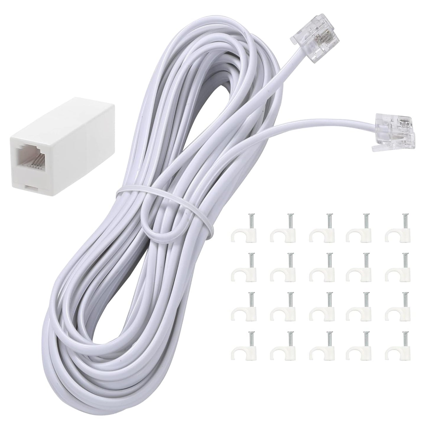 25 Feet Long Telephone Extension Cord by [Brand Name] - Standard RJ11 Plug, In-Line Couplers & Cable Clips | White