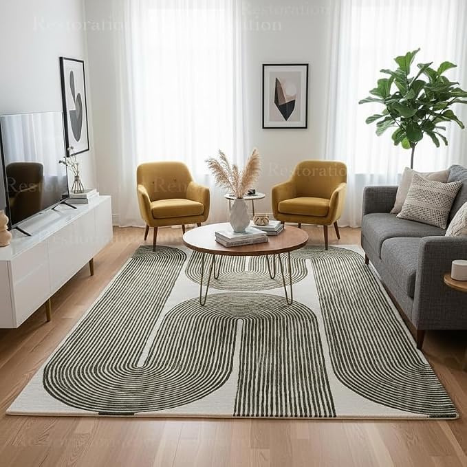 Modern Handmade Wool Area Rug, Abstract Curved Line Geometric Carpet for Living Room Bedroom, Contemporary Tufted Indoor Rug with Soft Pile and Cotton Backing (Olive, 6' x 8')