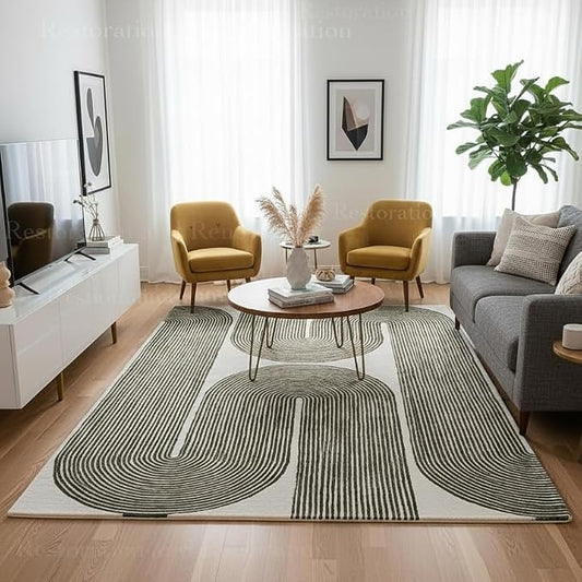 Modern Handmade Wool Area Rug, Abstract Curved Line Geometric Carpet for Living Room Bedroom, Contemporary Tufted Indoor Rug with Soft Pile and Cotton Backing (Olive, 8' x 10')