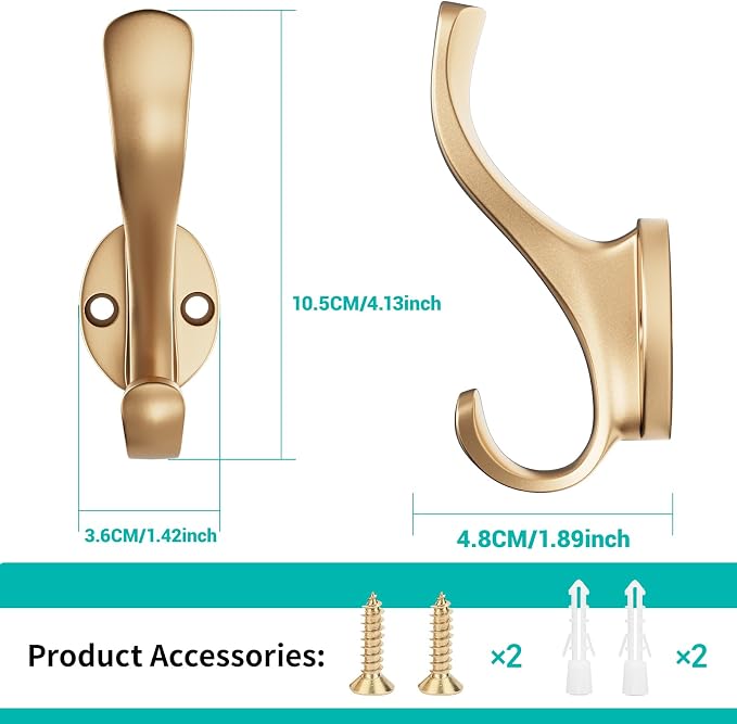 Coat Hooks Heavy Duty - Easy to Install Metal Towel Hooks Fashionable Wall Hooks for Hanging Hat, Towel, Key, Robe, Scarf, Bag, Cap (4 PCS Gold)