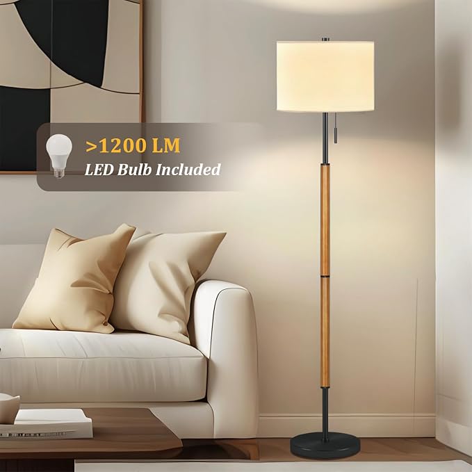 62" Brown Balck Floor Lamp for Living Room, 1200LM 3-Way Dimmable Wood Mid Century Floor Lamp for Bedroom Office, Wood Tall Lamp Linen Lampshade, LED Bulb Included